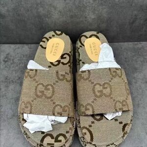 Gucci Beige Monogram Slide Heels
